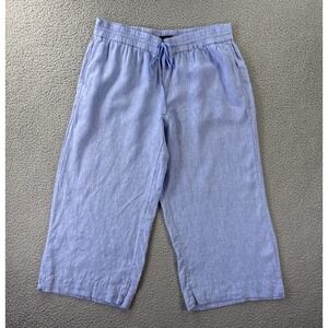 J Crew Seaside‎ Pants Womens Large Crop Blue Linen Wide Leg Pull On Drawstring